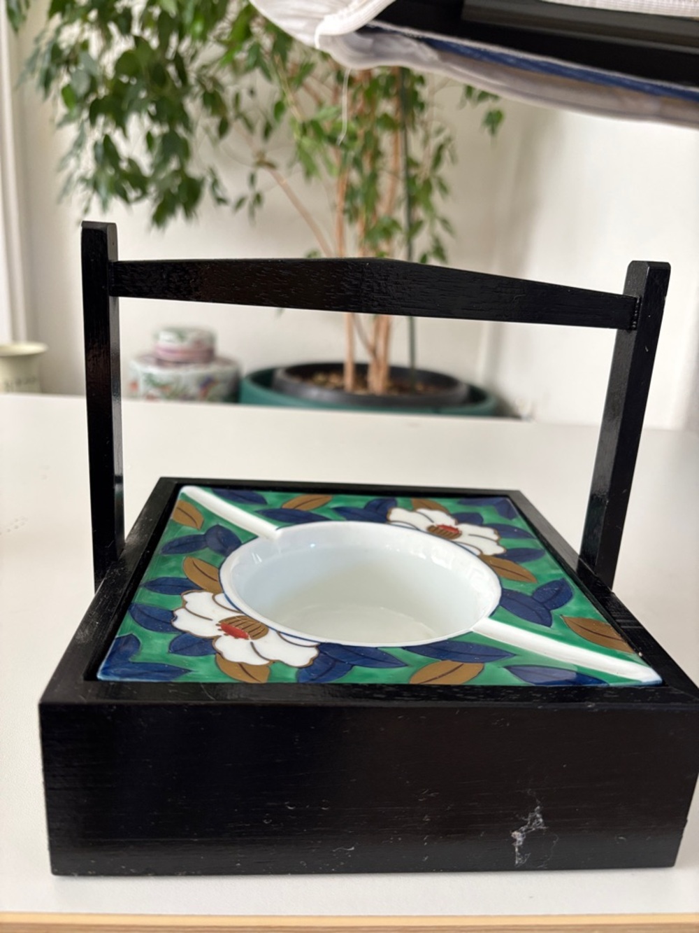 Black Wooden Decorative Ashtray with Floral Tile Inset